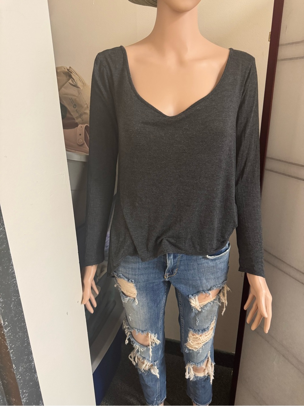 Women's Charcoal V-Neck Long Sleeve Tee